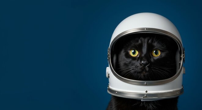 Adorable black cat astronaut with bright green eyes explores the cosmos in space helmet against blue backdrop