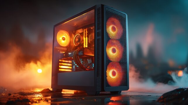 A high-performance gaming PC tower with vibrant orange LED fans inside a transparent case, set against a dramatic, smoky background.