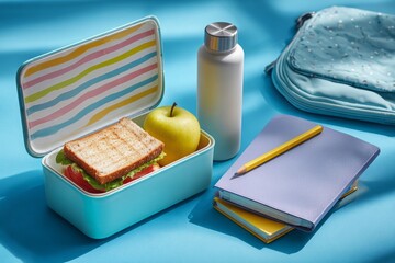 Back to school flat lay, lunchbox with sandwich and apple, notebooks, pencil, and water bottle on a vibrant blue background..