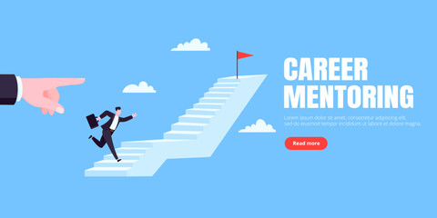 Success career ladder steps path challenge with business goal achievement flag objective on the top of it business concept flat vector illustration. Office person running onto success career steps.
