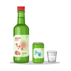Soju drink Bottle Can and Glasses Object Set Illustration Vector