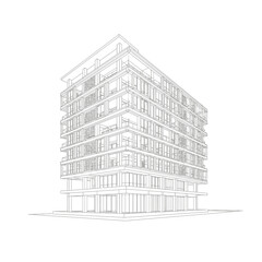 Fototapeta premium Modern apartment building architectural sketch, clean lines, white background, perspective view, urban development, real estate, contemporary design, multistory building, city architecture, building