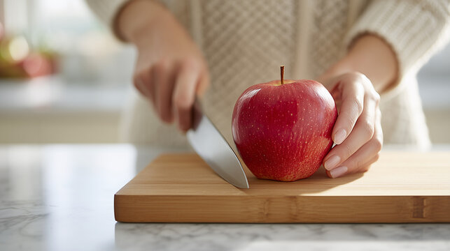 A close-up shot of hands cutting a fresh, red apple on a wooden cutting board