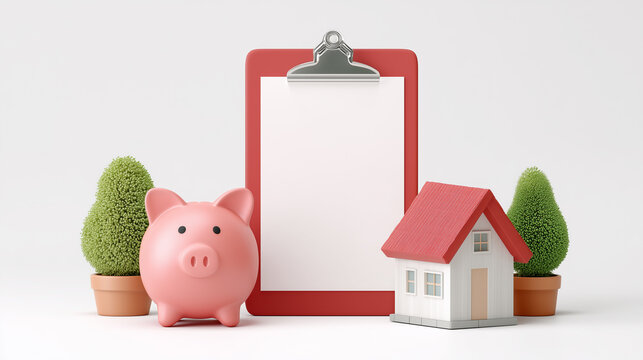 Financial planning with clipboard, piggy bank, a miniature house, and green plants. The scene represents the concept of home ownership and savings