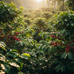 Lush green coffee plants with ripe red cherries bathed in soft morning sunlight on a peaceful plantation during harvest season.
