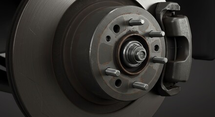 Close Up of Car Brake Disc and Caliper in Automotive Repair Workshop