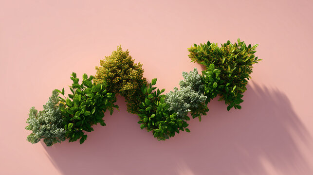 Growth arrow made from different green plants set against a pink background, conveying a sense of growth and progress