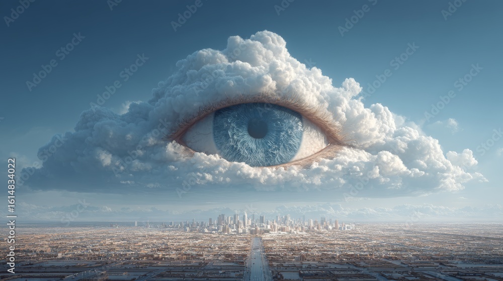 Poster a surreal image of a giant blue eye embedded within a cloud hovering over a sprawling cityscape unde