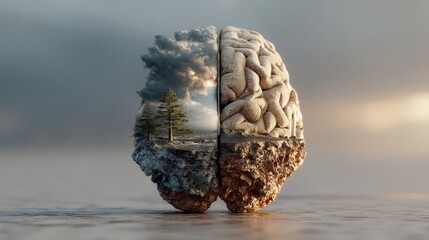 A surreal split brain with one half showing a forest and smoke, symbolizing nature and environmental impact, while the other half depicts a human brain's structure.