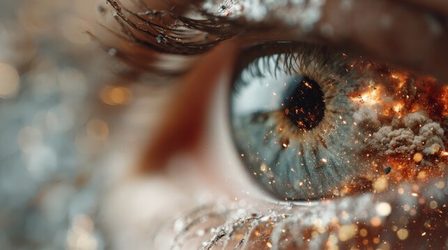 Close-up of a blue eye with cosmic and fiery textures reflecting in the iris, blending human detail with abstract, space-like elements.