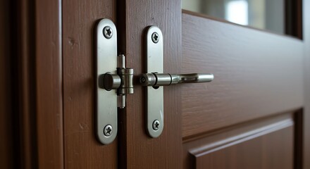 Obraz premium Close-up of Wooden Door with Silver Door Lock and Handle in Interior Setting