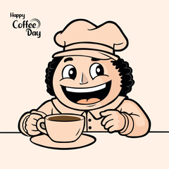 Happy coffee day cartoon man holding cup for cafe celebration concept