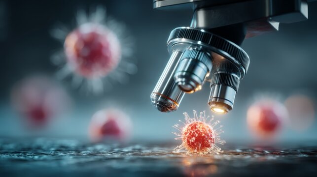 A close-up of a microscope focusing on a red virus particle, symbolizing scientific research on viruses and microbiology. - Powered by Adobe
