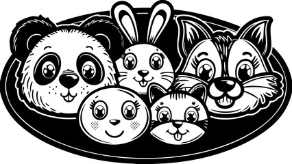 Obraz premium Black and white cartoon illustration of a panda rabbit fox cat and other animal faces on a plate