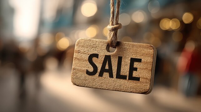 A wooden tag with the word "SALE" hangs from a rope, blurred lights and an urban street scene in the background.