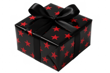 Luxurious black gift box featuring red star pattern, decorative black ribbon bow, positioned against transparent backdrop for gifting moments