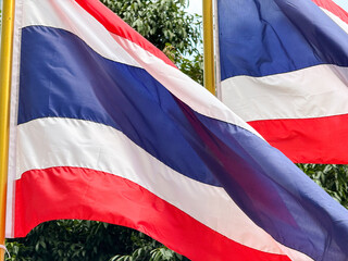 Multiple Thai national flags in red, white and blue colors waving outdoors in the wind during sunny...