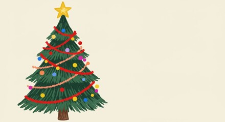 Hand-drawn Christmas tree with star and ornaments.

