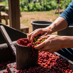 Close-up of hands manually crushing ripe coffee cherries to extract beans during traditional coffee processing on a sunny farm.
