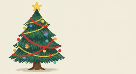 Hand-drawn Christmas tree with star and ornaments.

