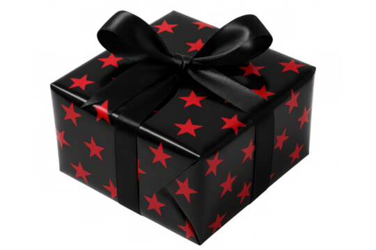 Luxurious black gift box featuring red star pattern, decorative black ribbon bow, positioned against transparent backdrop for gifting moments