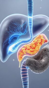 Illustrative 3D animation of human digestive organs highlighting a healthy liver and esophagus contrasted with a fatty pancreas and diseased stomach