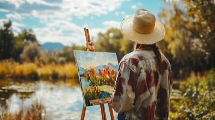 View from the back. The artist is painting in an autumn park.