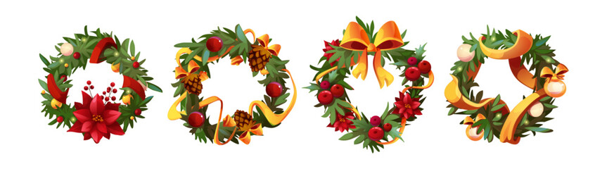 Branch garland cartoon wreaths with festive evergreen circles, red poinsettia blooms, golden ribbons and baubles on pine needles, berries and pinecones decorating holiday frames for Christmas design © klyaksun