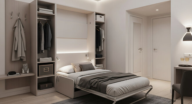 A murphy bed extended in a modern room with a wardrobe and a desk with glasses of wine nearby ai generated