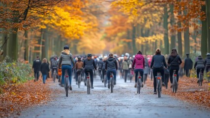 Cycling through autumnal splendor a scenic group ride on a tree lined path enjoying the vibrant