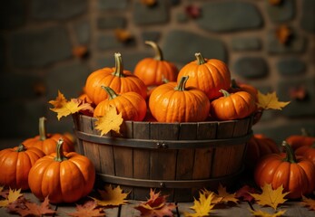 A Pumpkins in Barrel with Autumn Leaves