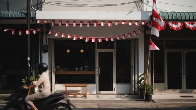 Indonesian Independence Day decorations adorn a building facade
