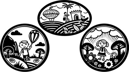 Three monochrome scenes of children playing in nature with trees flowers and balloons in circular frames