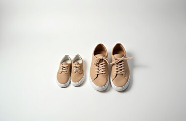 Minimalistic photo shows father, child shoes side by side. Two pairs of tan sneakers arranged on plain white background. Clean composition with ample copy space highlights size comparison,