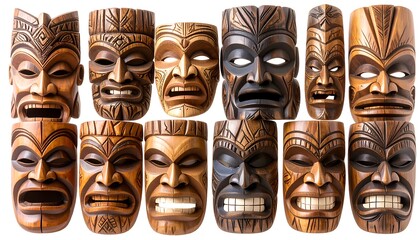 Collection of intricately carved wooden masks, diverse expressions