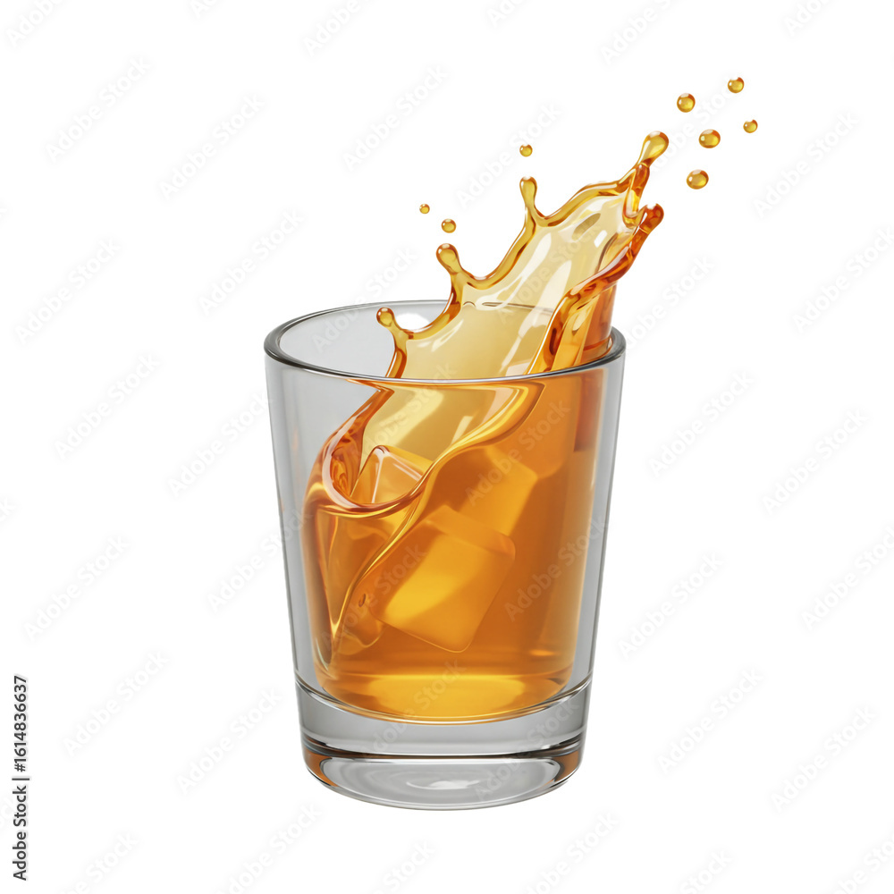 Poster dynamic splash of a rich golden drink with ice cubes erupts from a clear glass, creating a refreshin