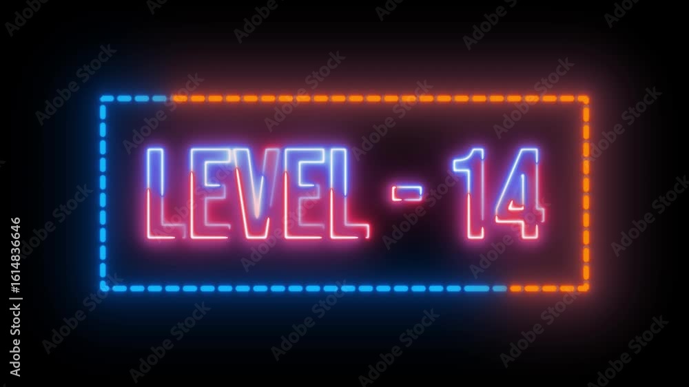 Aufkleber neon multicolor level 14 text animation with dotted rectangle border on black background