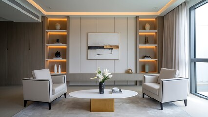 Living room with two armchairs, white coffee table and built in shelving units