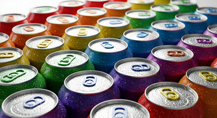Colorful aluminum beer and soda cans arranged on a stand in a store or factory setting. Banner recyclable product template in close-up, perfect for advertising and eco-friendly campaigns.