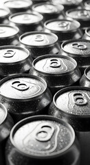 Grey aluminum beer and soda cans arranged on a stand in a store or factory setting. Vertical recyclable product template in close-up, perfect for advertising and eco-friendly campaigns.