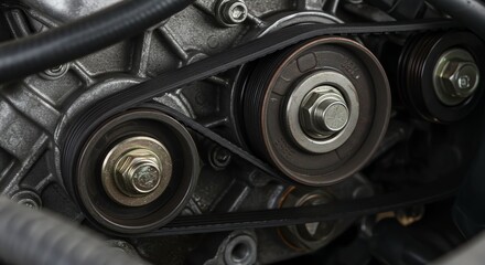 Fototapeta premium Car Engine Belt System with Pulleys and Tensioner in Close Up
