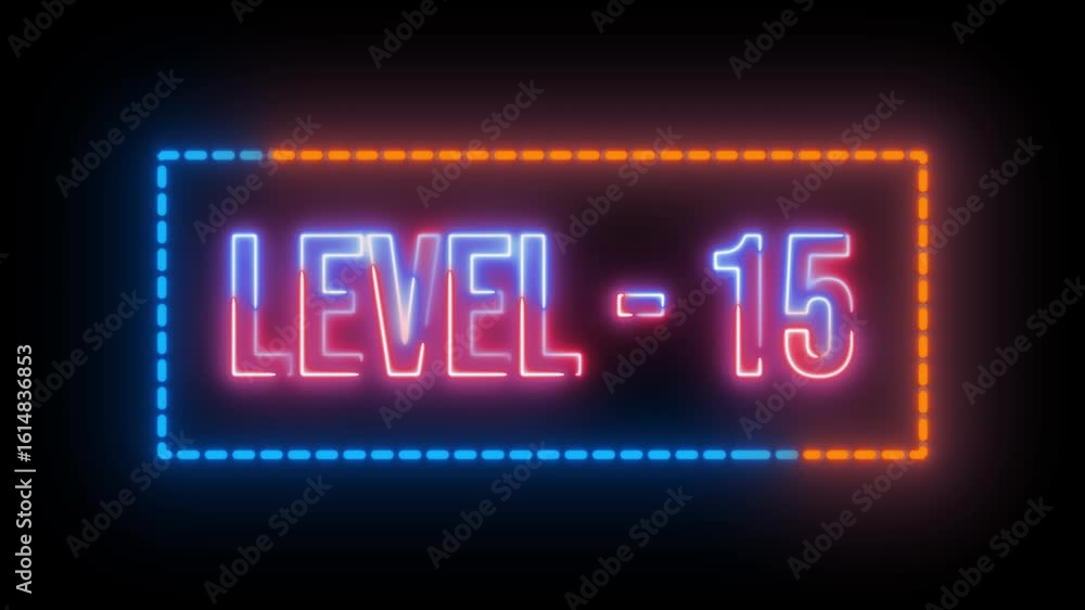 Aufkleber neon multicolor level 15 text animation with dotted rectangle border on black background