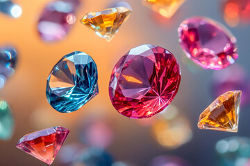 Flying colorful gems and diamonds on vibrant background for jewelry sale, luxury branding or promotion concept, generative ai