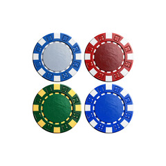 Red, white and blue poker chips with playing cards on a white background