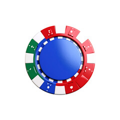 Red, white and blue poker chips with playing cards on a white background