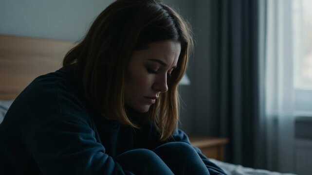 Woman sits on bed head bowed deep in thought feeling downcast alone near a window despondent and emotionally vulnerable