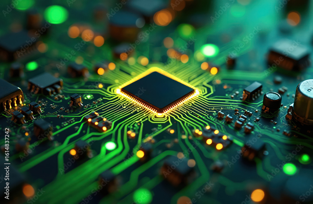 Poster glowing microchips on futuristic circuit board. green digital pathways, advanced components represen