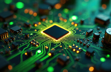 Glowing microchips on futuristic circuit board. Green digital pathways, advanced components represent technology, AI, innovation. Close-up view of computer motherboard with neon lights signifying