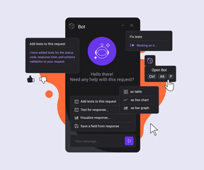 AI Assistant helps Test and Analyze API requests. Interactive Bot interface adds smart suggestions and visualizations. Powerful no code automation tool for developers and QA teams