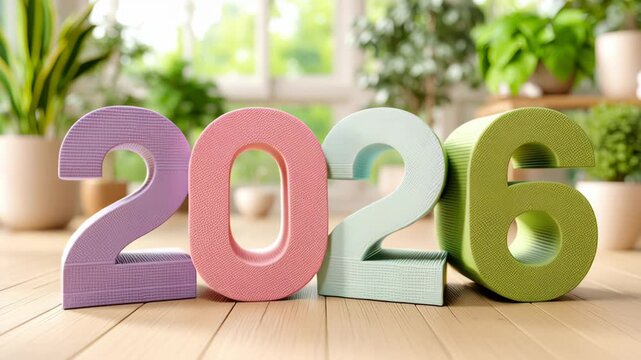 Colorful decorative numbers 2026 displayed on wooden floor in bright room with plants, symbolizing new year celebration and fresh beginnings, creating a cheerful and vibrant atmosphere for festive occ